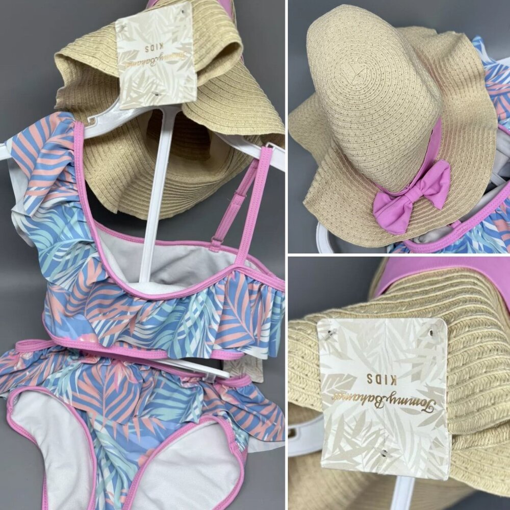 NEW 3pc TOMMY BAHAMA Girls Bikini Ruffle Swimsuit Sun Hat Set Size 12 Pink Palms